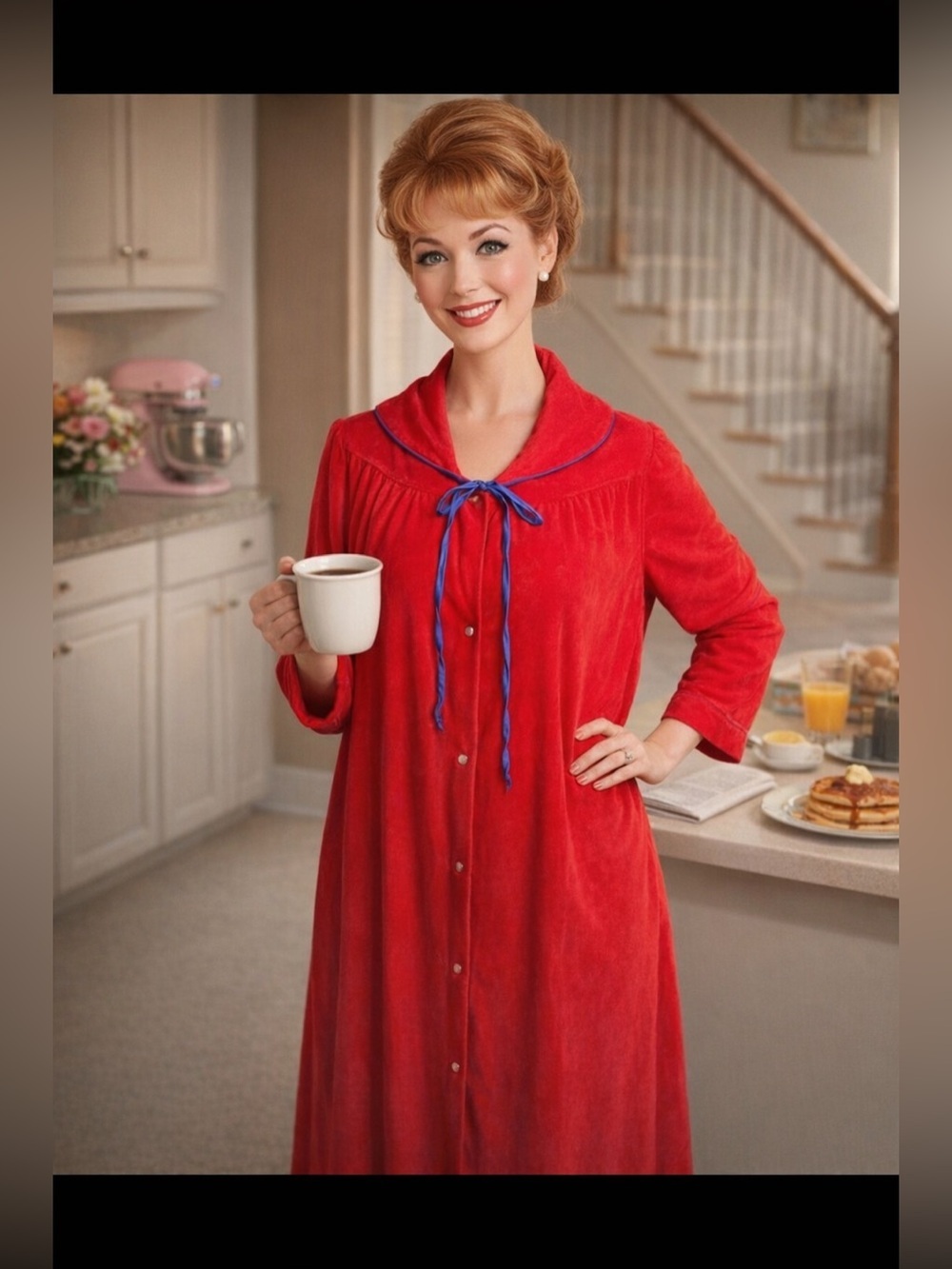 Vintage Merville Red Robe Sz M 60s/70s Lounge Nightgown USA Made Snap Buttons